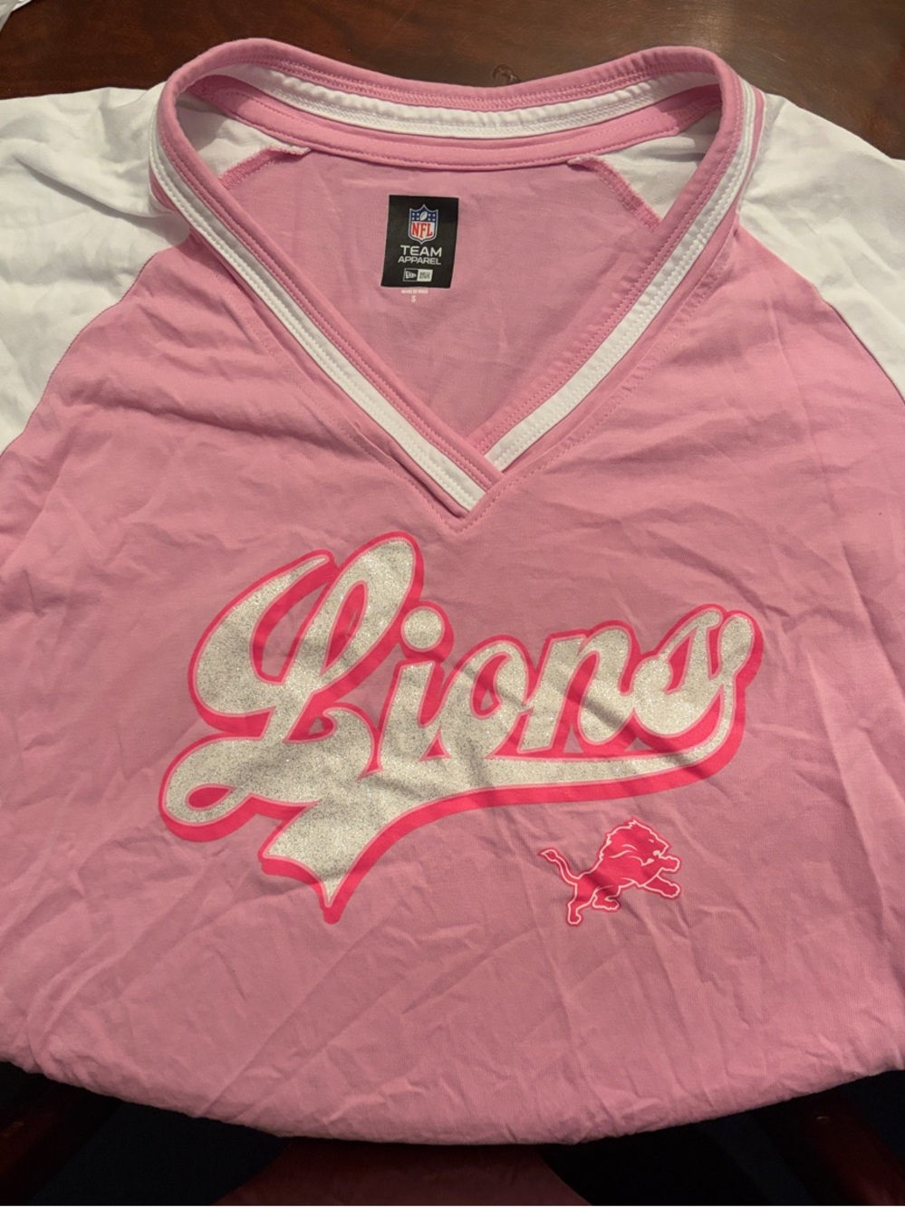 NFL Pink and White Detroit Lions V-Neck Tee